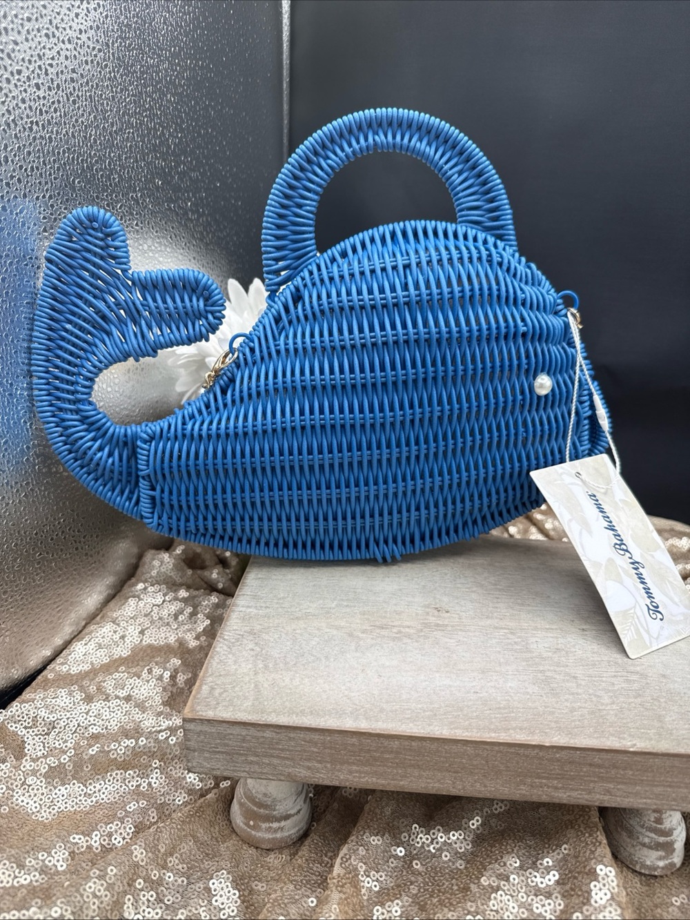 Tommy Bahama Nautical Wicker Woven Blue Whale Purse Clutch w/ Gold  Strap NWT